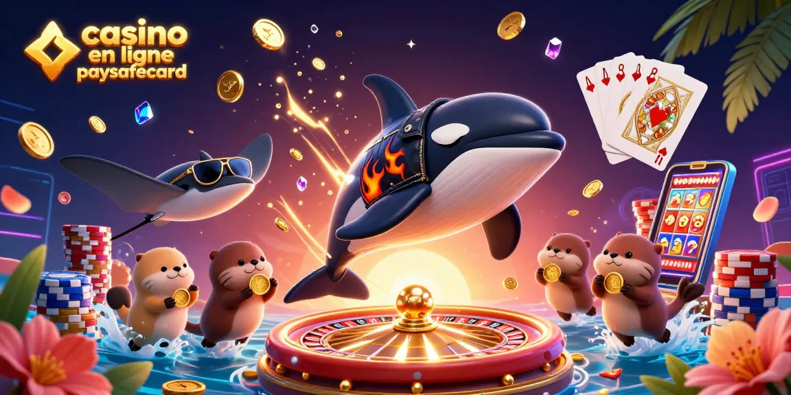 Illustration dynamique inspirée du casino en ligne paysafecard avec une orque, une raie et des loutres, remplie de pièces en or et de jeux.