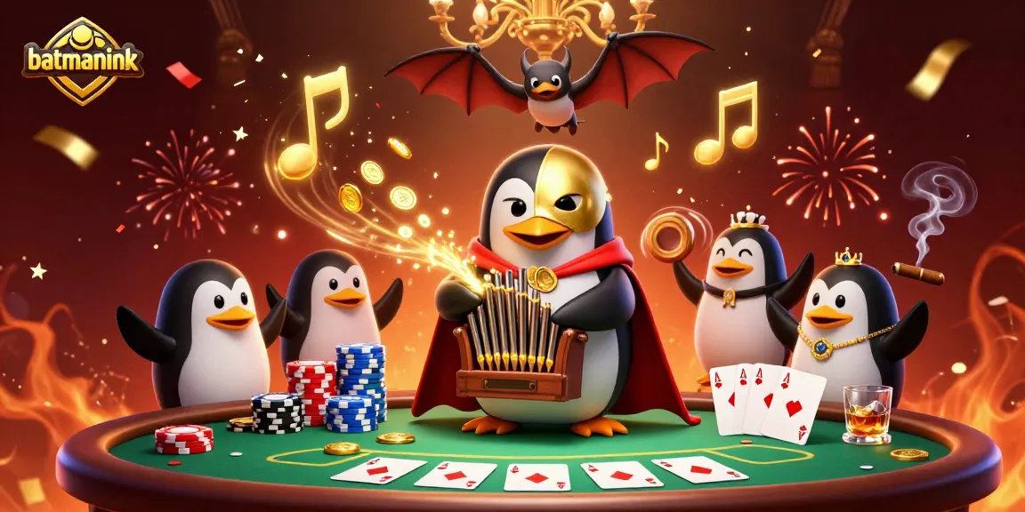 Engage with batmanink's vibrant casino ambiance filled with golden musical notes and dynamic poker elements.