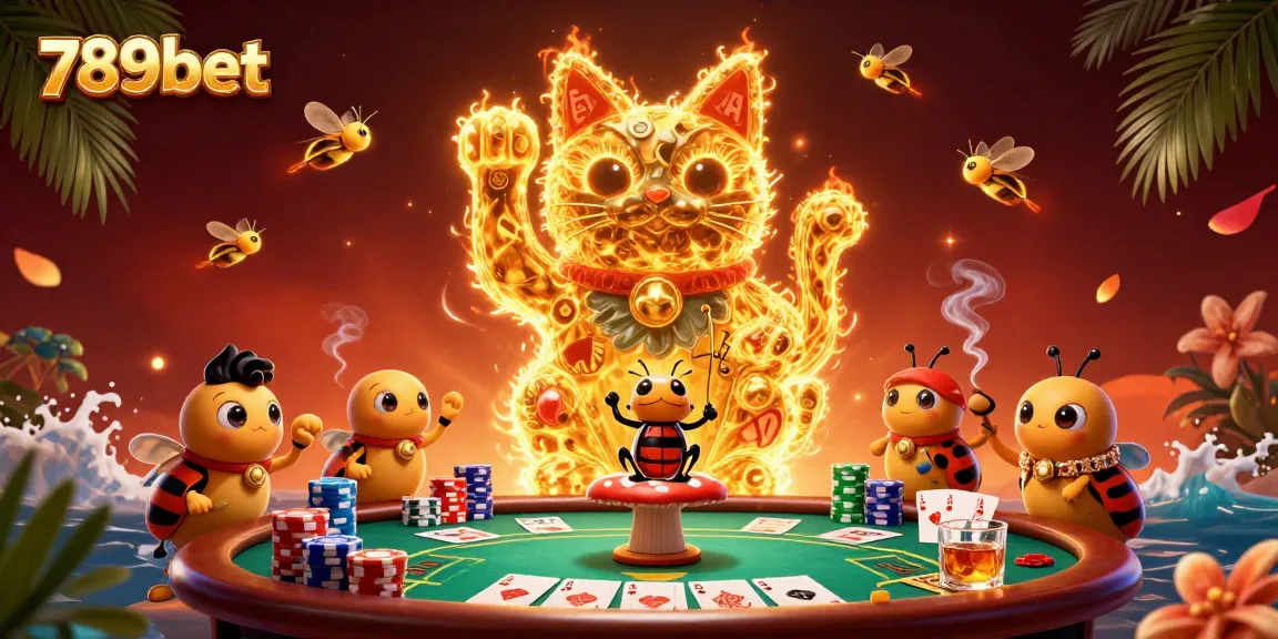 Experience vibrant gaming moments with the golden lucky cat of 789bet amidst thrilling casino elements.