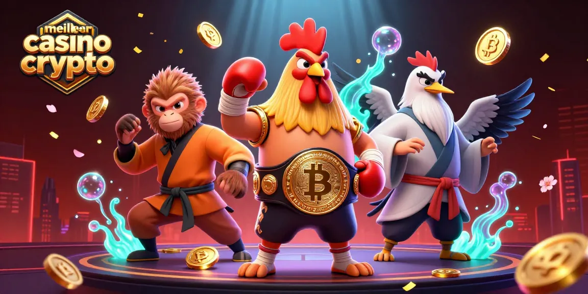 Jouez au meilleur casino crypto avec des personnages dynamiques entourés de pièces de Bitcoin et Ethereum.