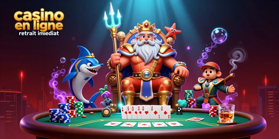 La scène vibrante d'un casino avec Neptune et ses gardes, illustrant un retrait instantané dans le casino en ligne.