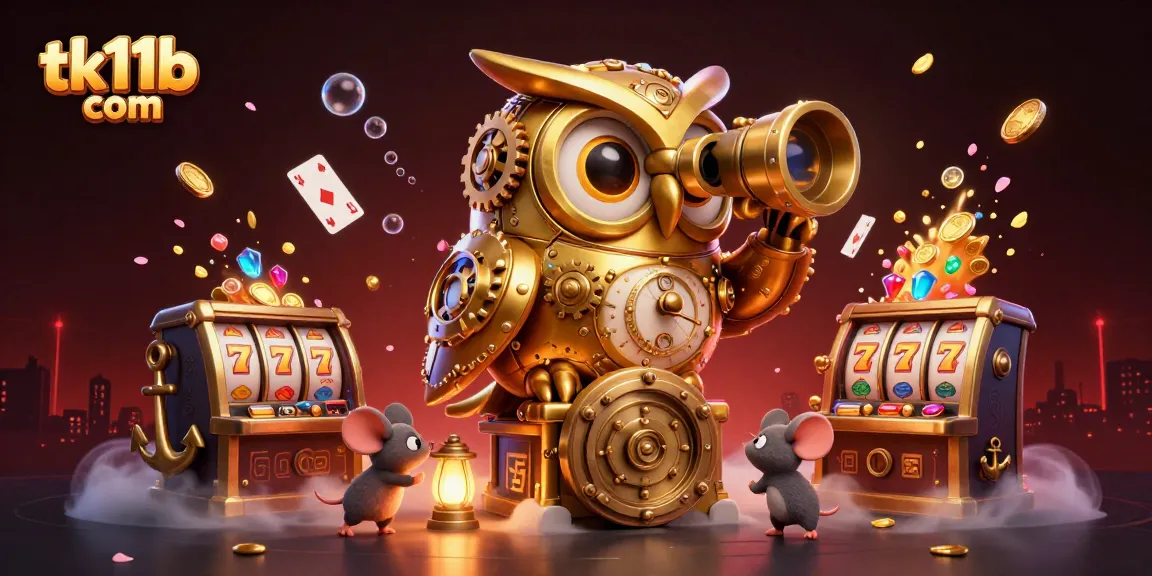 Experience thrills at tk11b com with a clockwork owl overseeing a vibrant casino floor.