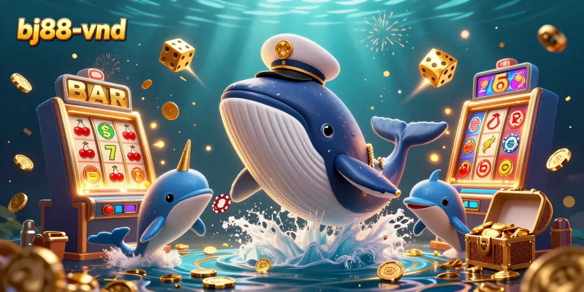 Experience the vibrant world of bj88-vnd with a whale and dolphins among coins and casino games.