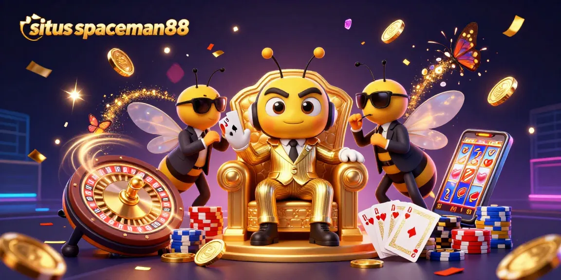Win big with situs spaceman88 in this vibrant 3D illustration featuring a bumblebee mob boss and casino elements.