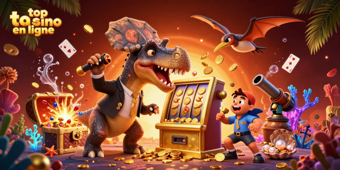 Illustrez la machine à sous dorée dans le top casino en ligne avec un dinosaure et un gestionnaire de casino paniqué.