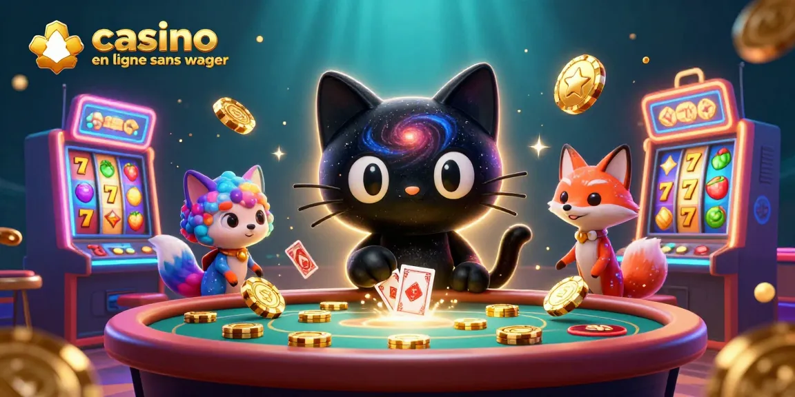 Illustration dynamique d’un casino en ligne sans wager avec un chat trou noir attirant des jetons d’or.
