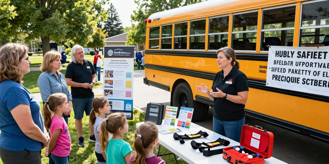 Jodi Ruta advocates for bus safety with a focused group during a community event, emphasizing the importance of improved safety standards, including seat belts, for children.
