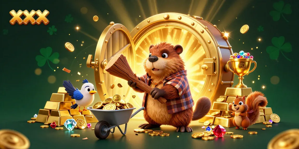 Experience the xxx excitement as our beaver character chops for coins in a vibrant casino scene.