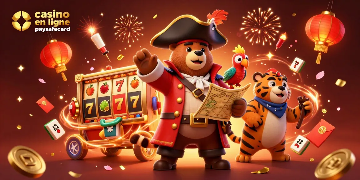 Jouez sur le casino en ligne paysafecard avec un ours pirate, un tigre et un perroquet entourés d'éléments de jeu.