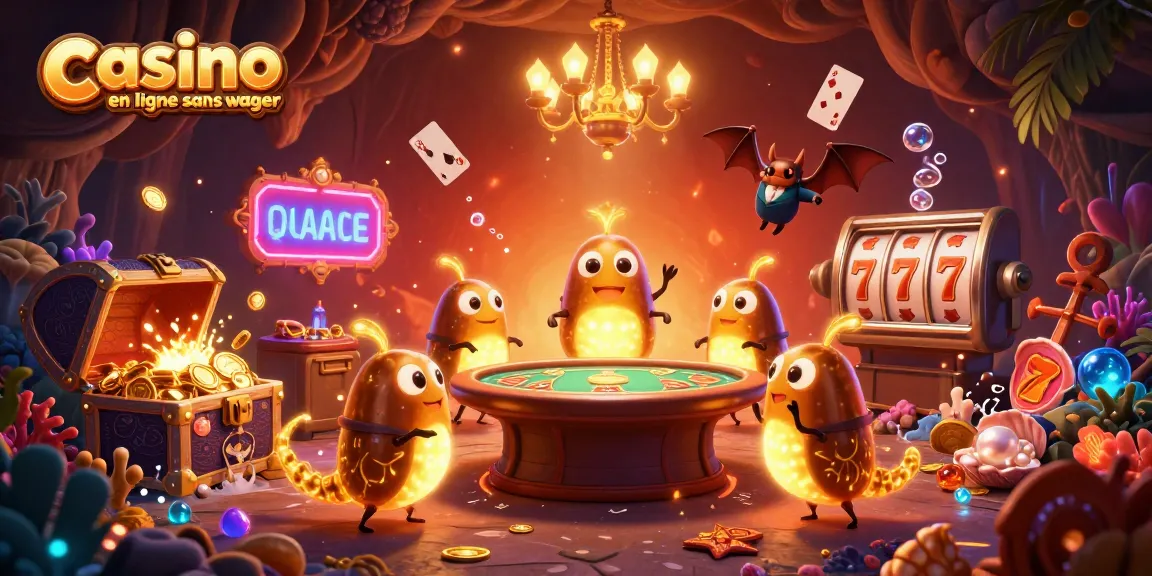Plongez dans l'univers des casinos avec l'illustration d'un casino en ligne sans wager, illuminé par des vers luisants, des jeux et des trésors scintillants.