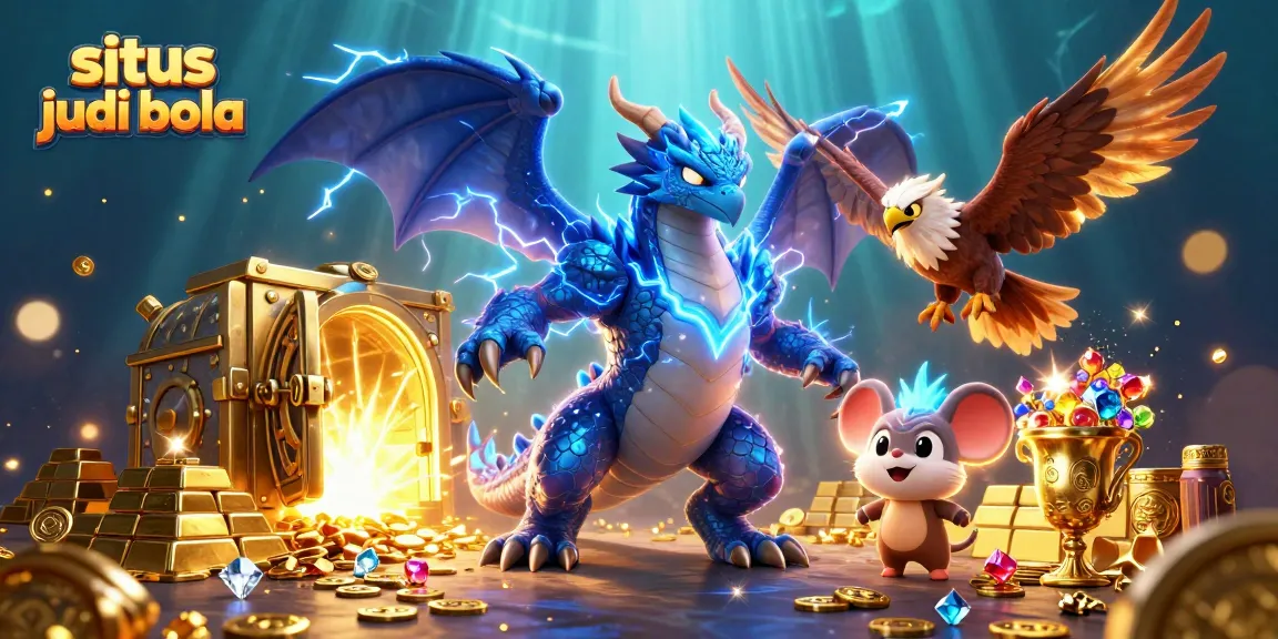 Situs judi bola characters surrounded by a treasure vault, showcasing vibrant casino elements and dynamic energy.