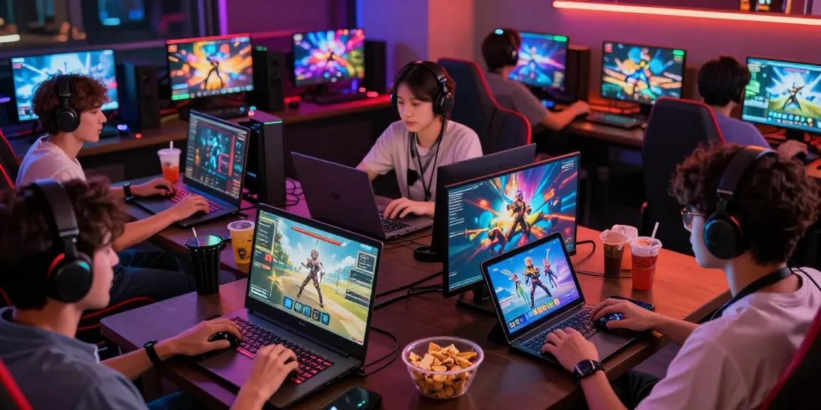 Exciting gaming lounge atmosphere with indocair digital entertainment on multiple devices.