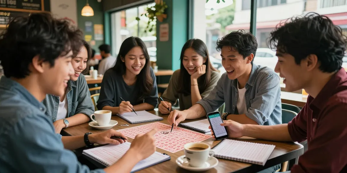 Diskusi nomor rejeki dengan teman-teman di kafe, menampilkan strategi dan prediksi angka hoki.