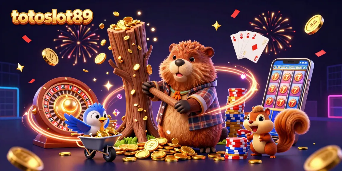 Totoslot89 showcases a charming 3D cartoon lumberjack beaver celebrating big wins with flying coins and gems.